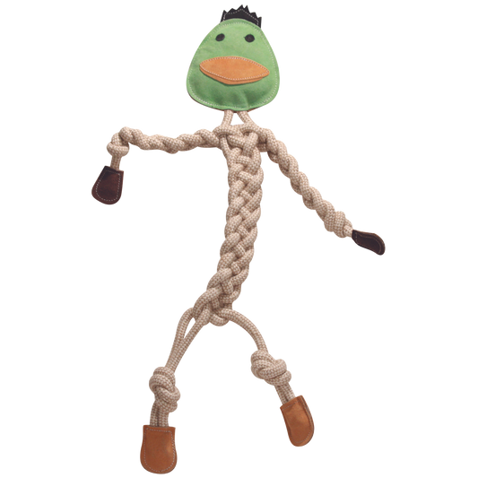 Dog toy with a green duck head and braided rope body on a white background