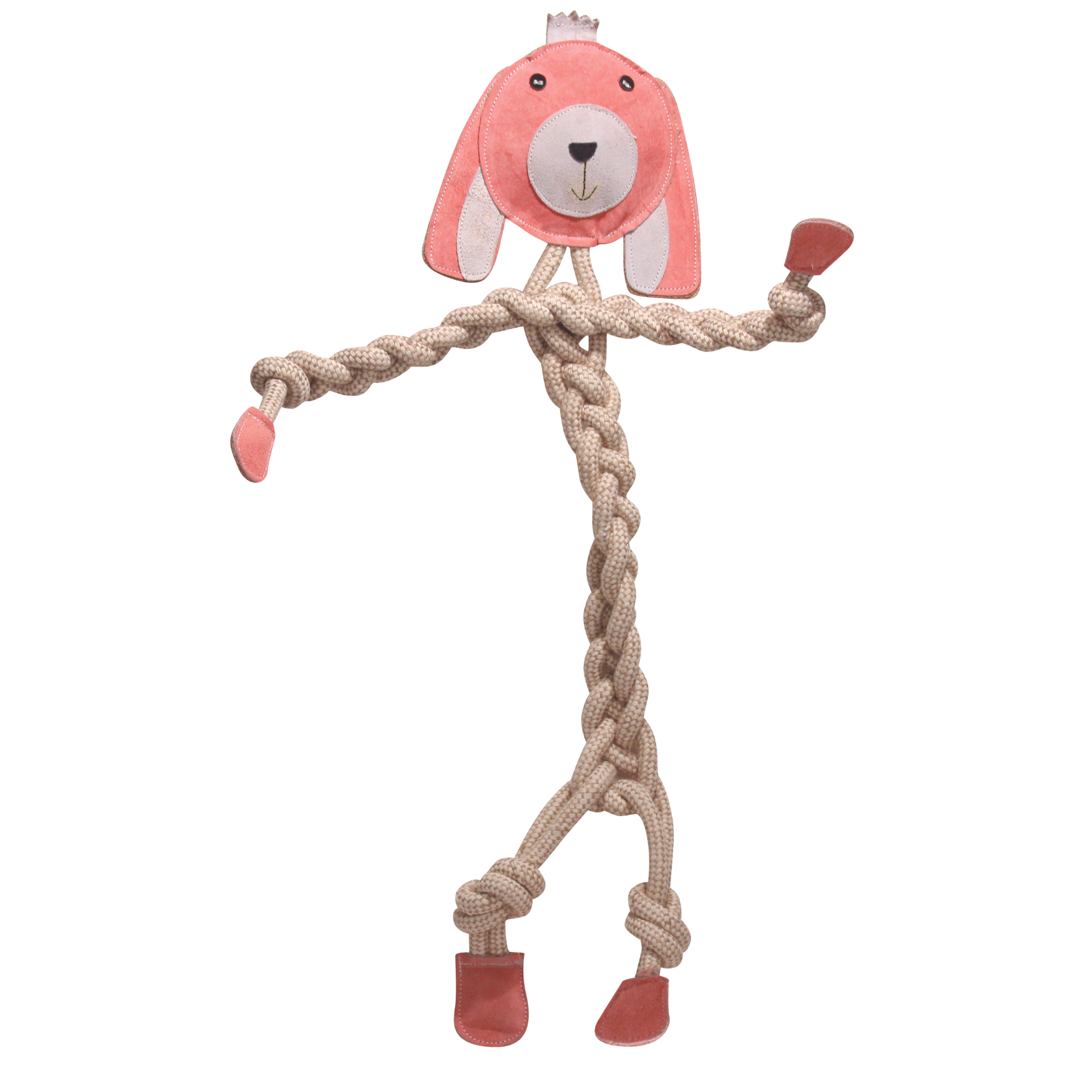 Pink dog-shaped toy with a rope on a white background