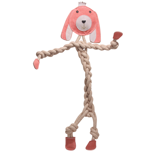 Pink dog-shaped toy with a rope on a white background