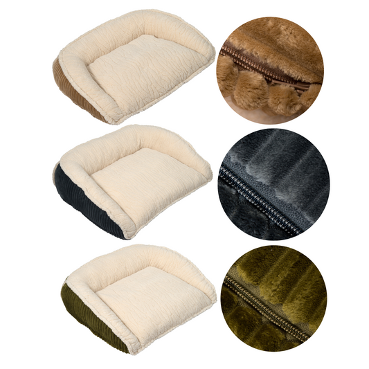 Three pet beds in beige, black, and green with close-up shots of the zipper and fabric texture.