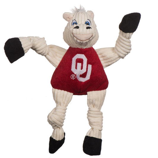 Plush toy resembling a horse with a red Oklahoma shirt on a white background