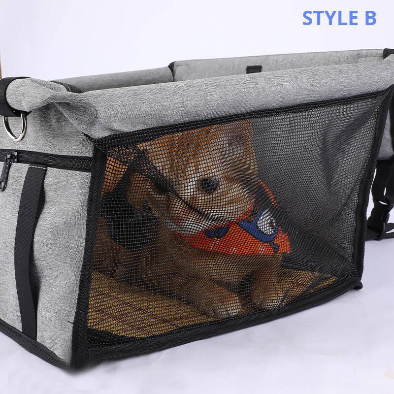 Pet carrier with a dog inside, mesh side for visibility, on a white background