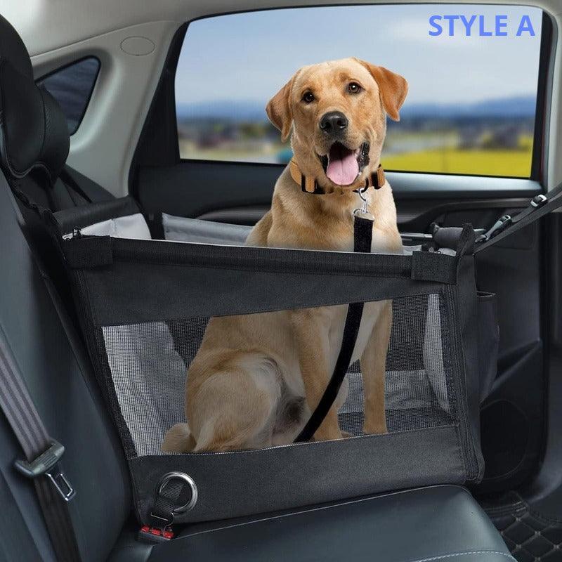 Dog sitting in a car with a black pet safety seat.