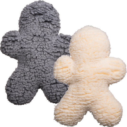 Two plush toys, one gray and one beige, on a white background