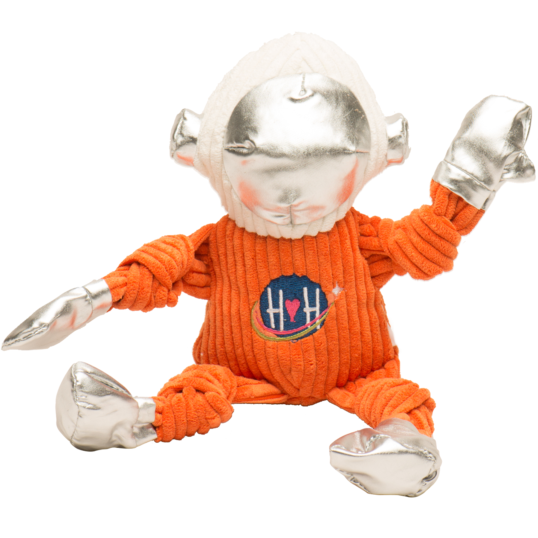 Toy figure with silver head and limbs wearing an orange sweater with a logo on a white background