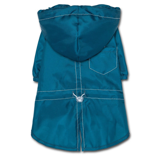 Blue raincoat with a hood on a white background