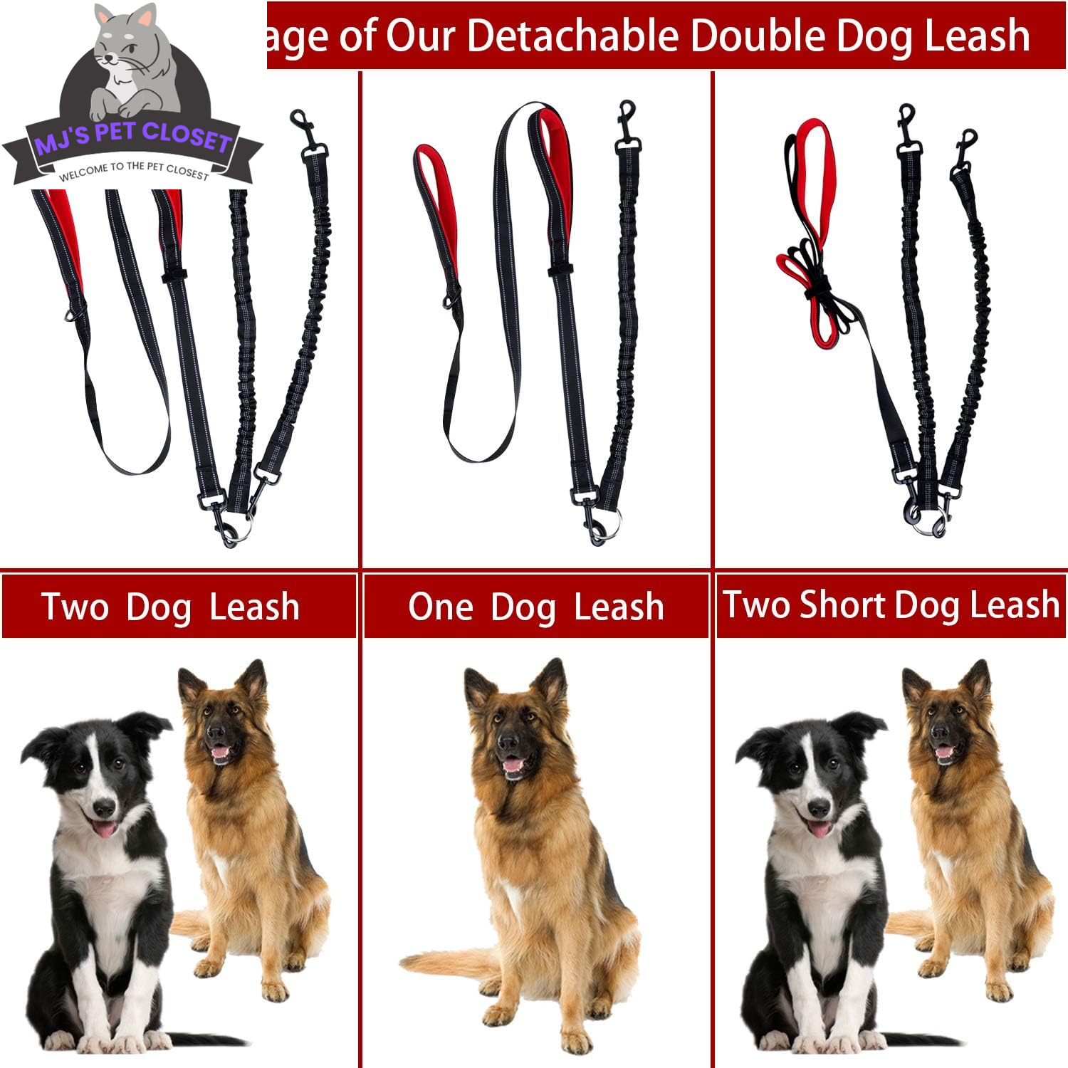 360° Swivel Double Dog Leash – Hands-Free, Bungee Shock Absorber (Up to 200 lbs) MJ's Pet Closet