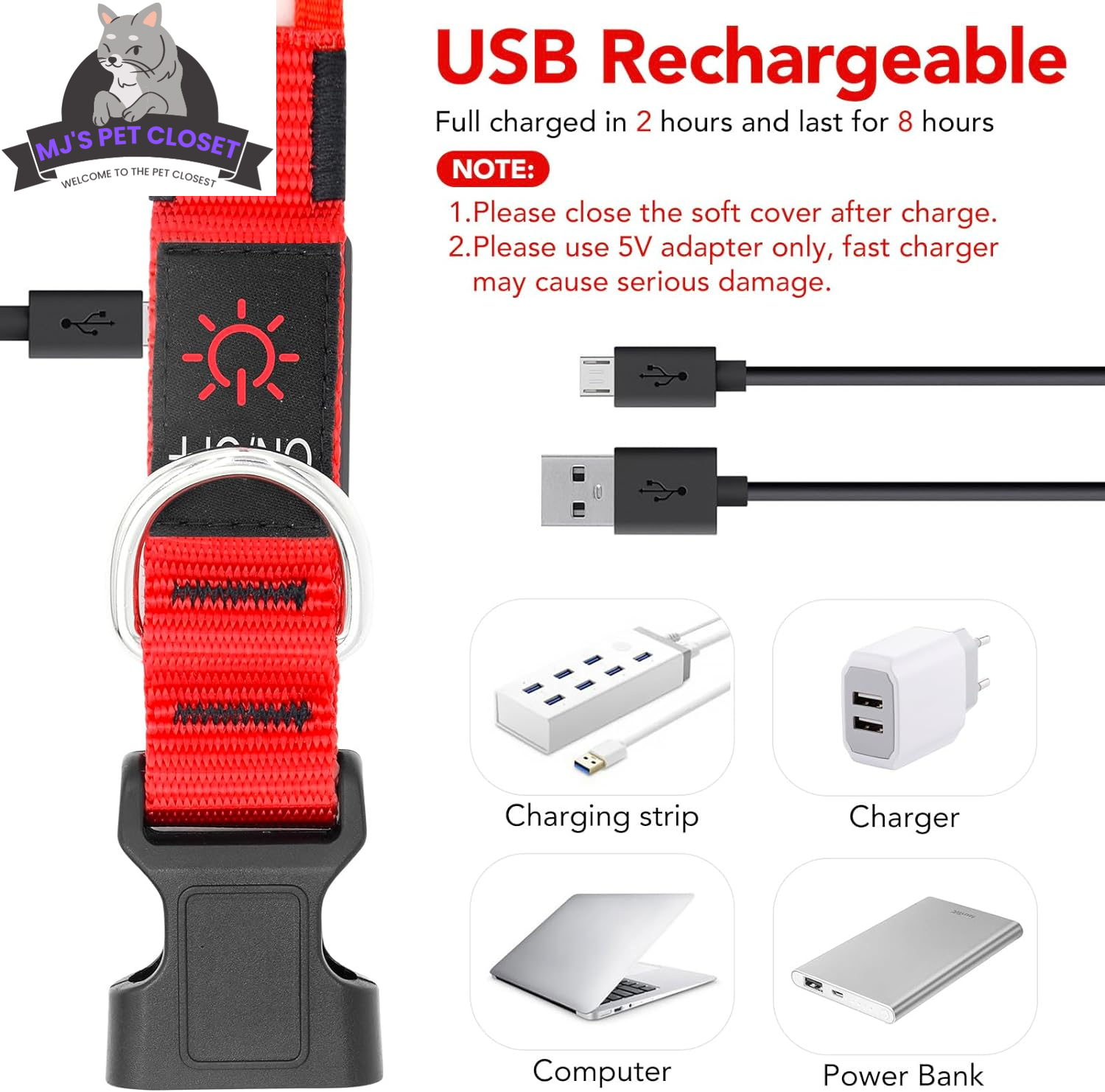 USB Rechargeable LED Dog Collar – Adjustable, Water Resistant MJ's Pet Closet
