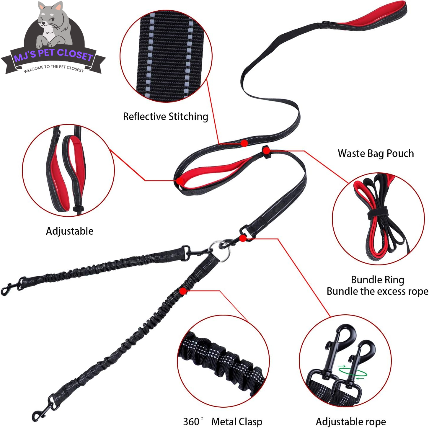 360° Swivel Double Dog Leash – Hands-Free, Bungee Shock Absorber (Up to 200 lbs) MJ's Pet Closet