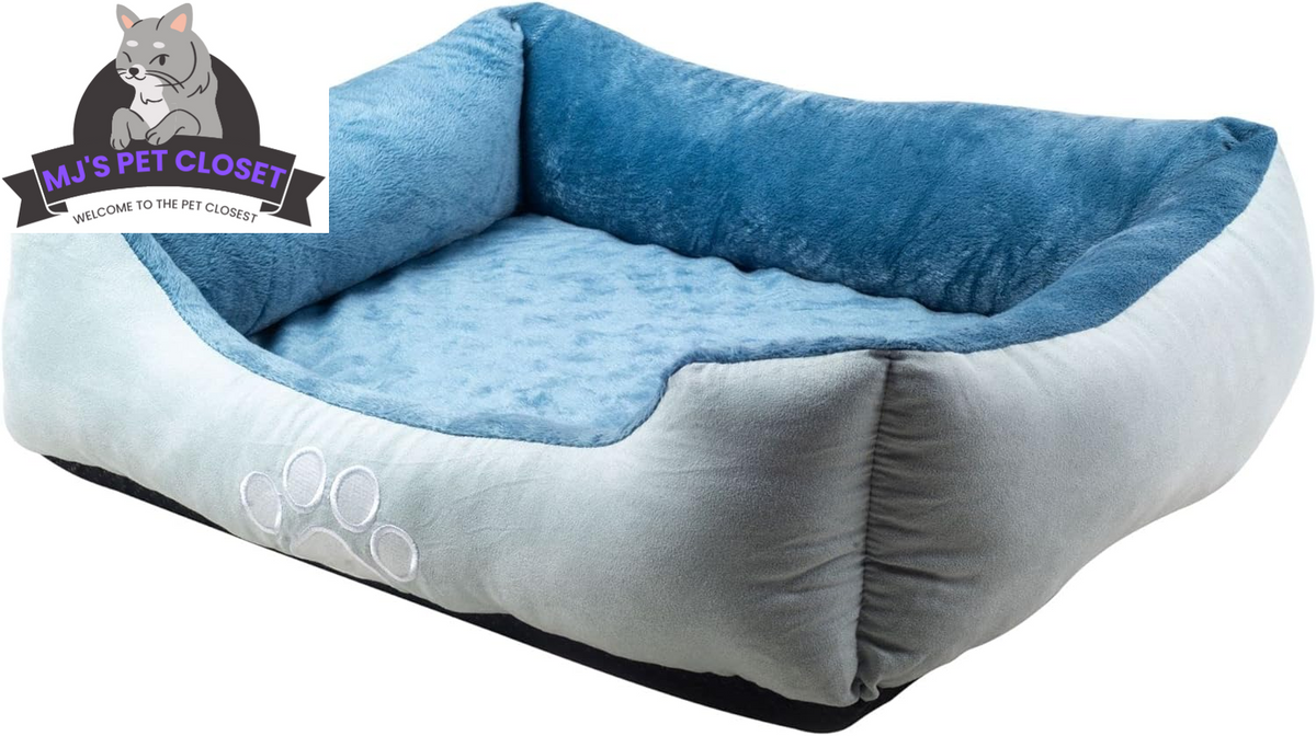 Medium Orthopedic Rectangle Bolster Pet Bed – Blue, Reversible MJ's Pet Closet