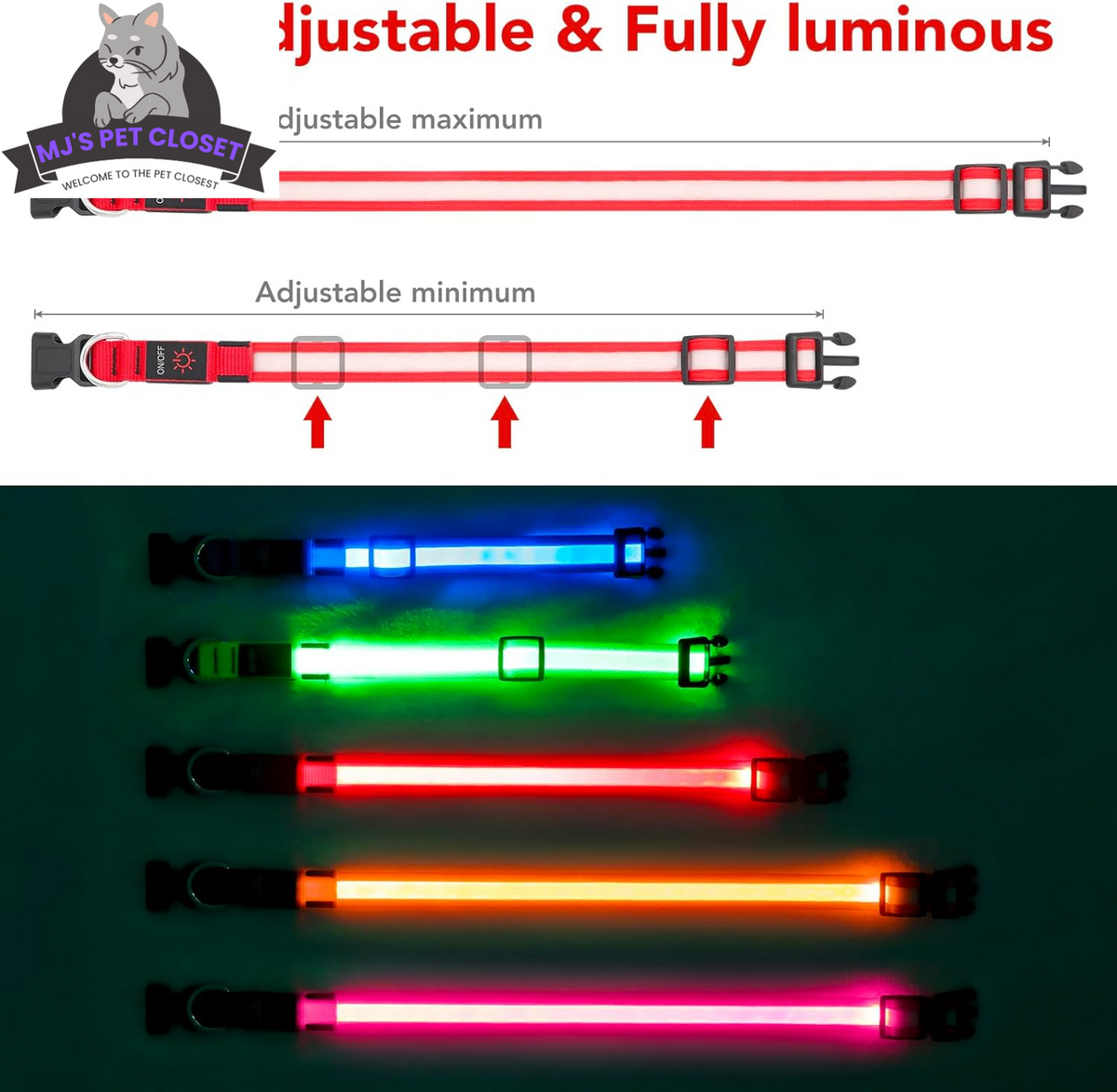 USB Rechargeable LED Dog Collar – Adjustable, Water Resistant MJ's Pet Closet