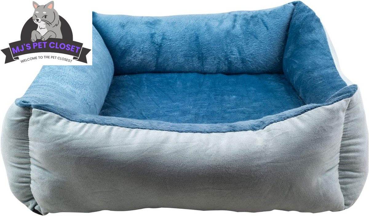 Medium Orthopedic Rectangle Bolster Pet Bed – Blue, Reversible MJ's Pet Closet