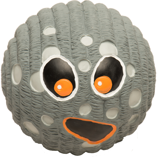 Gray textured ball with black and orange eyes and mouth on a white background